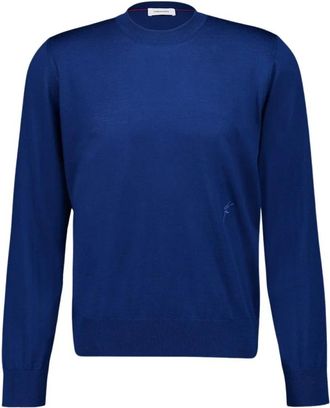 Ferragamo Luxe Teal Blue Wool Crew Neck Sweater - Heren - Ronde hals truien - Blauw - L - Wol - Truien & Vesten