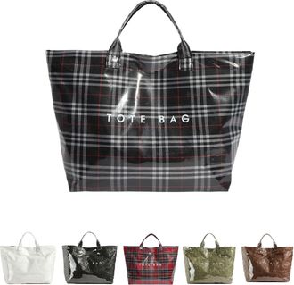 Generic Christmas Plaid Tote Bag for Women PVC Tote Bags Trendy ChristmasGift Bag Large Carry All Hobo Handbag for Shopping (Black-a)