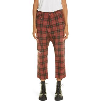 R13 Plaid Distressed Crop Trousers in Ash Red Plaid at Nordstrom, Size 26