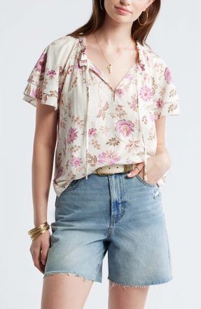 Treasure & Bond Shirred Botanical Print Linen Blend Top in Ivory- Pink Cottage Floral at Nordstrom, Size Xx-Large