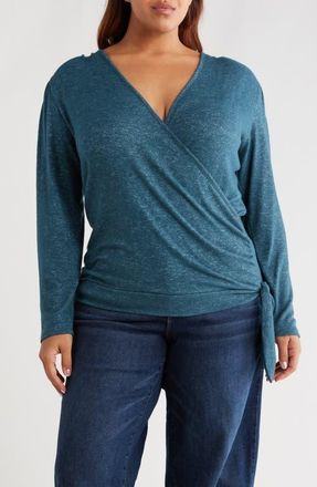 Loveappella Wrap Front Side Tie Knit Top in Teal at Nordstrom, Size 2X