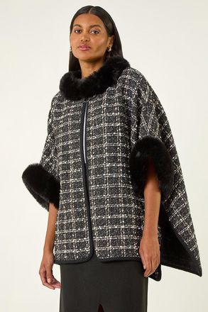 Roman Faux Fur Jacquard Knit Poncho
