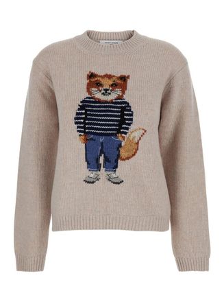 Maison Kitsuné Beige Crew Neck Sweater With Ribbed Design And Front Embroidery In Wool Woman