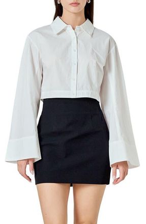 endless rose Flare Sleeve Cotton Crop Button-Up Shirt in White at Nordstrom, Size Medium