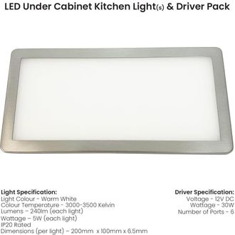 Loops 6x BRUSHED NICKEL Ultra-Slim Rectangle Under Cabinet Kitchen Light & Driver Kit - Warm White Diffused LED in Metallics
