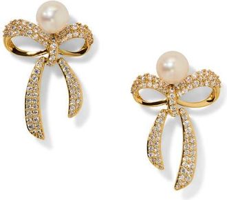 Nadri Eros Small Bow Faux Pearl Stud Earrings in Gold at Nordstrom