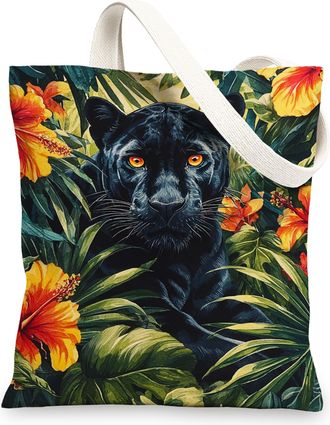 Generic Floral Canvas Tote Bag, Vintage Reusable Shopping Bags, Lightweight Black Shoulder Strap Pouch 13x15 Inch