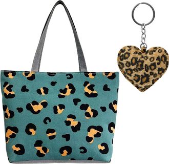 Generic 2pcs Leopard Print Tote Bag with Keyring Set, Tote Bags for Women with Leopards Prints Keyring, Leopard Print Gifts for Womens, Tote Bag with Zip Spac
