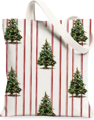 Generic Christmas Tree Canvas Tote Bags, Festive Holiday Design Reusable Grocery Bags, Vintage Striped Lightweight Washable Shoulde, White, 13x15 Inch