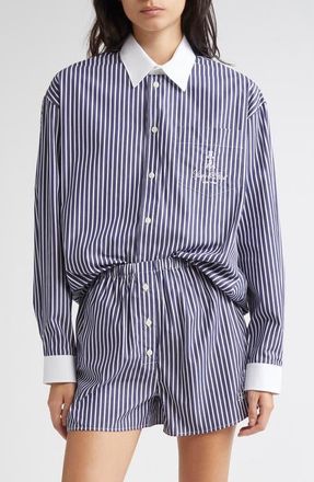 Sporty & Rich Vendome Oversize Cotton Poplin Button-Up Shirt in Blue Striped at Nordstrom, Size Small