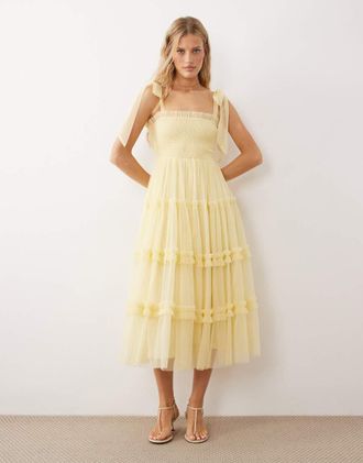 Lace & Beads Vestito midi da cerimonia in tulle color limone con fiocco sulle spalle-Giallo