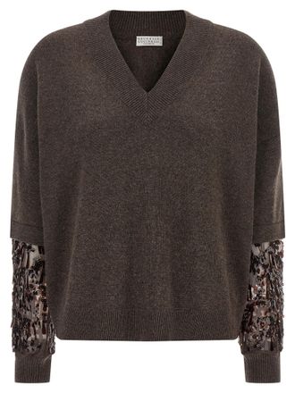 Brunello Cucinelli Womens Sequin Sleeve Sweater