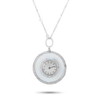 Luxury Bazaar Antique 18K White Gold and Platinum 2.50ct Diamond and Rock Crystal Pendant Watch Necklace MF14-091426