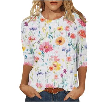 Generic My Orders 2025 Spring Shirts for Women UK Casual 3/4 Sleeve Crewneck Tunic Tops Dressy Trendy Lightweight Loose Fit Blouse Funny Floral Printed T-Shir