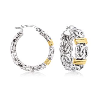 Ross-Simons Sterling Silver and 18kt Gold Over Sterling Byzantine Bar Station Hoop Earrings
