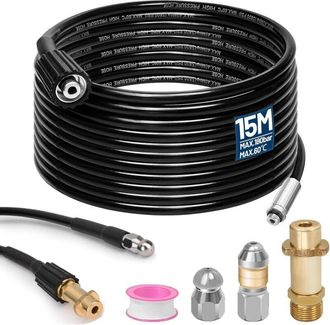 OEM Manguera De 15 M, 180 Bar, 60 &deg;c, Desatascador De Desag&uuml;es Con Chorro De Alta Presi&oacute;n, Boquilla Giratoria Y 1 Adaptador, Compatible Con Karcher K2, K3