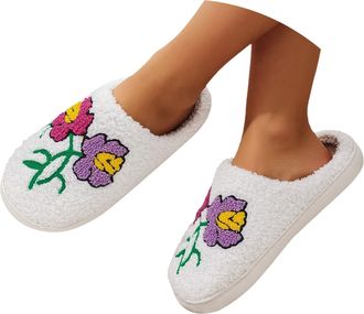 Generic Flower Slippers Women Floral Slippers Women Fluffy Plant Printed Slipper Slip On House Shoes Plush Mule Slipper Slip-Resistance Bedroom Sliders For In