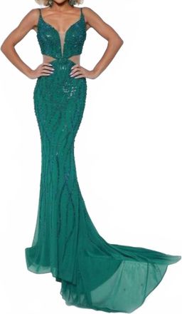 Johnathan Kayne Fabulous Pearl & Crystal-Embellished Bodice Gown In Emerald