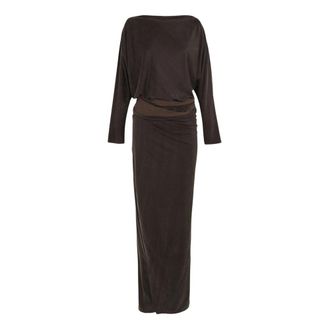 Cortana Jurk met boothals en wikkelrok - Dames - Maxi kleedjes - Bruin - 2XS - Katoen - Kleedjes