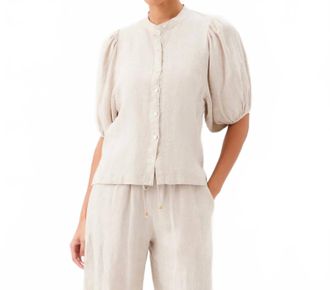 Karen Kane Puff Sleeve Linen Button-Up Shirt In Oatmeal