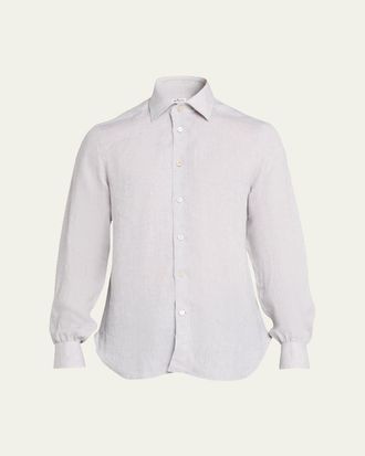 Kiton Mens Solid Linen Button-Down Shirt with Mother-Of-Pearl