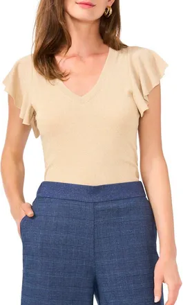 Vince Camuto Metallic Knit Flutter Sleeve Top in Gold at Nordstrom, Size Xx-Small