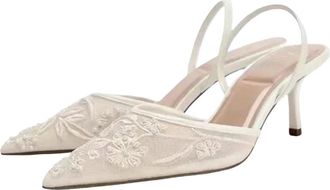 Generic Women Mesh Embroidered Flowers High Heel Sandals Pointed Toe Back Strap Dress Shoes