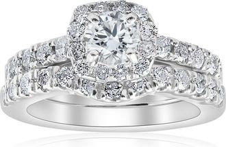 Pompeii3 1 1/10Ct TDW Cushion Halo Engagement Wedding Ring Set 14k White Gold Lab Grown