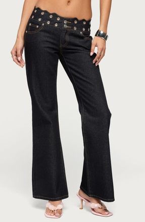 Edikted Scalloped Grommet Waist Bootcut Jeans in Dark-Blue at Nordstrom, Size X-Large