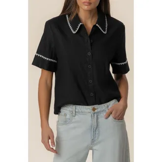 Kut from the Kloth Marisol Linen Blend Button-Up Shirt in Black/white at Nordstrom, Size X-Small