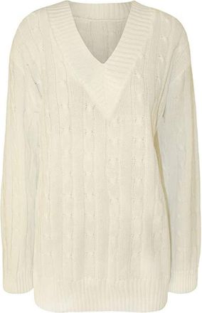 Purple Hanger New Ladies V Neck Cable Knitted Cricket Jumper Womens Stretch Long Sleeve Stripe Top (Plain White, Numeric_12)