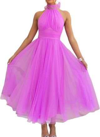 Generic Felcia Womens Bodycon Maxi Dress Halter Neck Backless High Waist A Line Dress Elegant Evening Cocktail Party Wedding Tulle Dress (A-Purple, L)