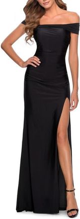 La Femme Off the Shoulder Dress with Tie Back and Slit in Black at Nordstrom, Size 12