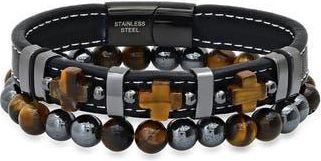 HMY Jewelry Mens 2-Piece Tigers Eye Bead & Leather Bracelet Set in Black/gunmetal/brown at Nordstrom Rack