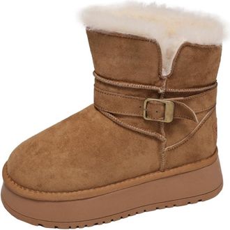 Generic Women plush outward turned winter thick soled snow boots with a middle tube and thick plush insulation cotton shoes (Yellow,4.5)