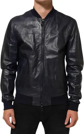 Dolce & Gabbana Blue Leather Full Zip Biker Blouson Mens Jacket (Pre-Owned)