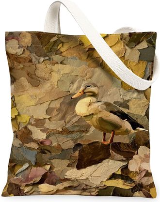 Generic Vintage Bird Canvas Tote Bag, Artistic Duck Design Reusable Grocery Bags, Lightweight Washable Shoulder Strap Canvas Bags F, Beige, 13x15 Inch
