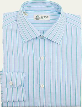 Borrelli Napoli Mens Cotton and Linen Multi-Stripe Dress Shirt