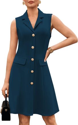 Grace Karin Womens Elegant Sleeveless Dresses Summer Lapel Collar Solid Color A-Line Casual Formal Dresses 2XL Peacock Blue