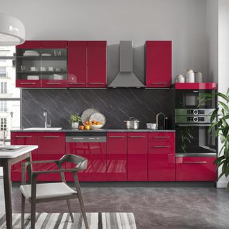 Vicco Mueble De Cocina Fame-line, Burdeos Brillo Intenso/antracita, 300 Cm Con Armario Alto, Et Antracita