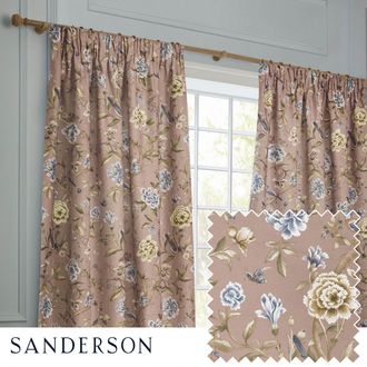 Sanderson Porcelain Garden Printed Chenille Room Darkening Pencil Pleat Curtains in Dusty Pink | Size: 229 cm width x 229 cm drop