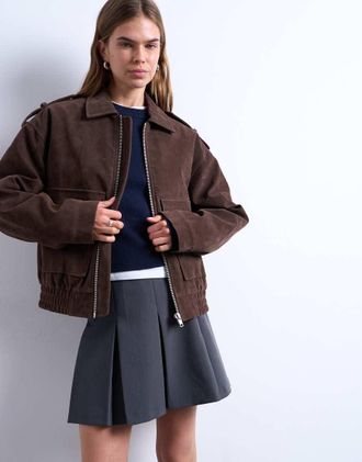 Topshop Bomber in camoscio sintetico color cioccolato foderato e trapuntato con bottoni a pressione-Marrone