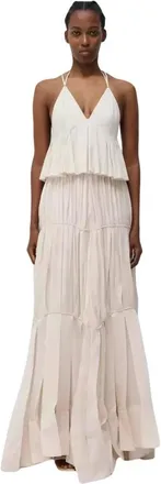 SIMKHAI Kleedjes, Dames, Beige, S, Katoen, Delania Geplooide Maxi Jurk