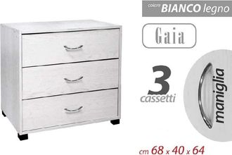 Trade Shop Trade Shop - Mobile Cassettiera Comodino Com&ograve; Gaia 3 Cassetti Bianco Legno 68x40x64cm 768675
