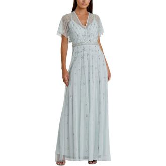 Mac Duggal Womens V Neck Embellished Flutter Sleeve A Line Gown in Mist at Nordstrom, Size 14