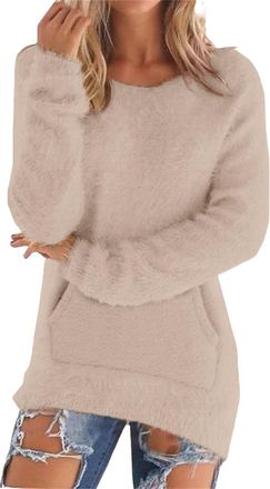 Generic Long Line Jumpers for Women UK Tunic Tops with Pockets Solid Color-Womens Loose-Fit Crewneck Knit Pullover Top Soft Comfort Jumpers for Women UK Crew 