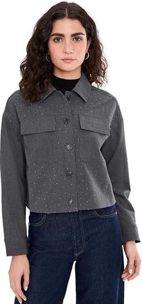 Vince Camuto Cropped Button-Up Shacket with Pockets Womens Jacket Medium Heather Grey : XL, Polyester