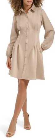 Kensie Faux Suede Long Sleeve Shirtdress in Sand at Nordstrom Rack, Size 12
