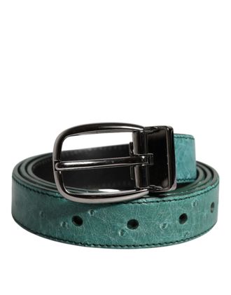 Dolce & Gabbana Green Ostrich Leather Silver Metal Buckle Womens Belt