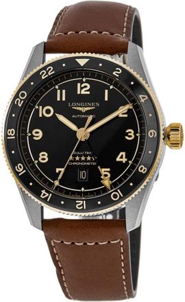 Longines Spirit Zulu Time Automatic GMT Black Dial 18K Yellow Gold Bezel Leather Strap Mens Watch L3.802.5.53.2